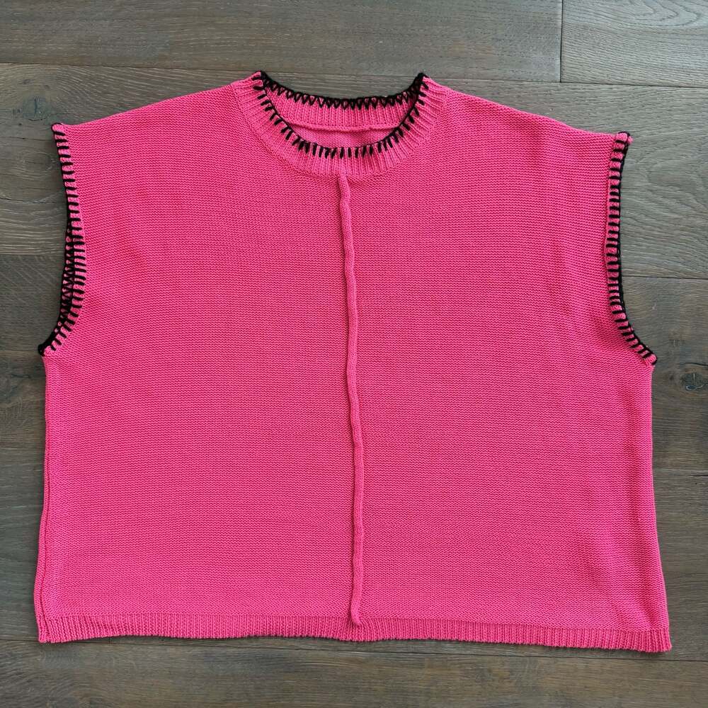 Knit Sleeveless Light Sweater Hot Pink w Black Stitching Size Medium